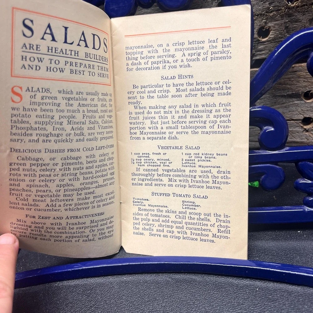 Salads‎ Sandwiches Sauces, antique cookbook pamphlet 1910s Ivanhoe Mayonnaise